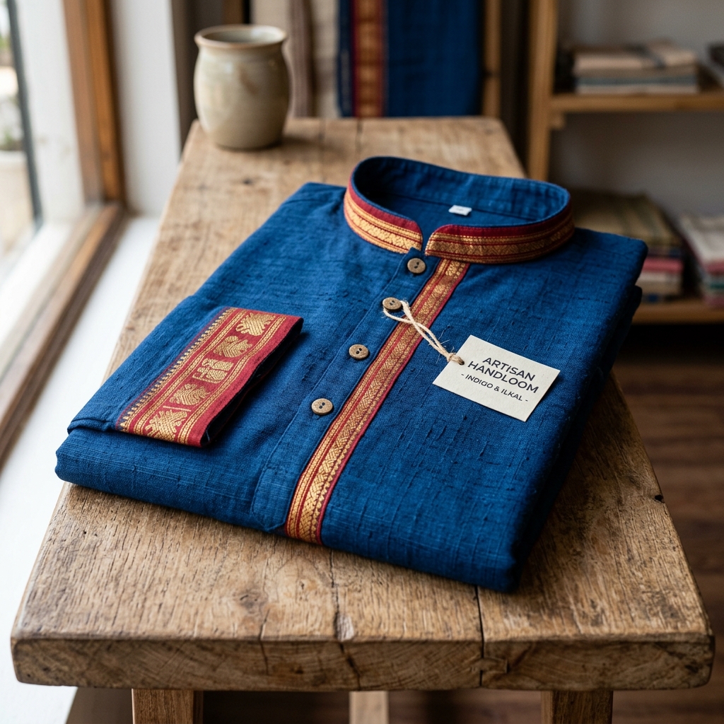 Ilkal Border Slub Cotton Kurta — deep indigo handloom kurta with traditional Chikki Paras border, Ilkal Weavers Sahakari Sangha, Karnataka