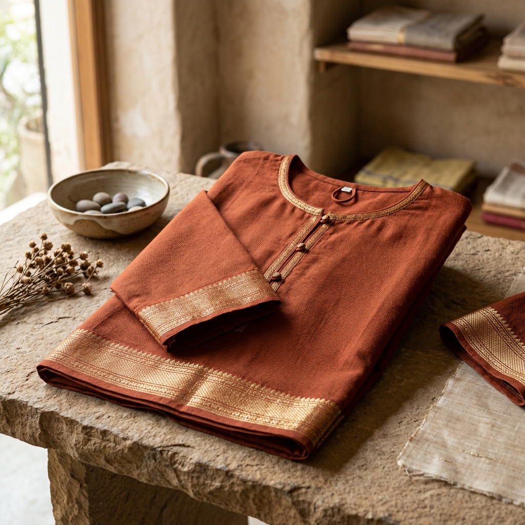 Paithan Fine-Count Cotton Tunic — terracotta rust handloom tunic with zari border, Paithan Artisans Collective, Maharashtra