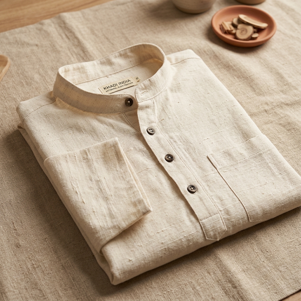 Solapur Pit-Loom Cotton Kurta — handwoven khadi cotton, natural ecru, Solapur Cooperative, Maharashtra